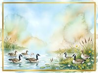 Watercolor geese swimming in tranquil pond with reeds and grass, soft pastel landscape background, nature wildlife scene for greeting cards and wall art.