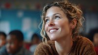 Young Caucasian woman with curly hair smiling warmly in brown sweater, expressing joy and optimism in casual indoor setting with soft lighting.