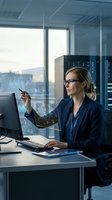 Professional businesswoman analyzing financial data on transparent digital interface in modern office environment with advanced technology displays.