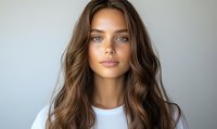 Young woman with long wavy brown hair and natural makeup wearing white top against neutral background, perfect for beauty and fashion advertising.