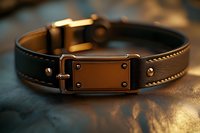 Luxury leather dog collar with metal nameplate and decorative stitching on dark background. Premium pet accessory with brass hardware and classic design.