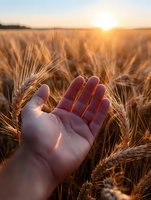 Hand reaching out to touch golden wheat stalks in field during sunset, warm sunlight illuminating ripe grain crops, agricultural landscape with dramatic sky.