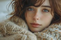 Young woman with blue eyes and freckles wrapped in cozy knit sweater, looking directly at camera with natural expression.