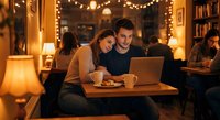 Young couple working together on laptop in cozy coffee shop with warm lighting and string lights creating romantic atmosphere for remote work or study.