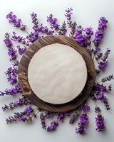 Round wooden board with blank white surface surrounded by fresh purple lavender flowers arranged in radial pattern on light background.