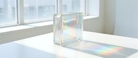 Glass prism refracting sunlight into rainbow spectrum on white surface near window creating colorful light dispersion for science education and optical physics concepts.