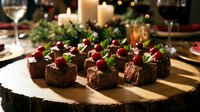 Elegant chocolate brownies with fresh raspberries and mint on rustic wooden board, perfect for holiday desserts and festive celebrations.