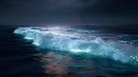 Dramatic ocean wave glowing with turquoise bioluminescence at night, powerful water splash against dark stormy seascape with moonlight reflections.