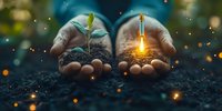 Hands holding young plant seedling and glowing light bulb with soil, symbolizing growth, innovation, and environmental sustainability.