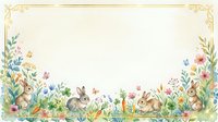 Watercolor rabbits and wildflowers border frame on cream background, isolated design element for invitations, cards, and spring-themed projects.