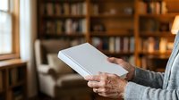 Senior adult with aged hands holding open white book in home library with wooden bookshelves, reading and learning at home.