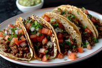 Mexican street tacos with seasoned ground beef, fresh diced tomatoes, onions, and cilantro garnish served on corn tortillas with lime and guacamole side.