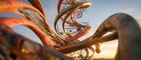 Liquid copper metal flowing and splashing with dynamic motion against warm sunset sky backdrop, suitable for abstract backgrounds and design projects.