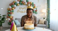 Young African American man celebrating birthday with cake and candles in decorated living room with colorful balloon arch and party hat.