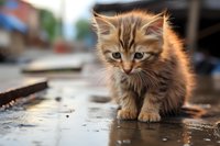 Tiny fluffy tabby kitten walking on wet surface with soft bokeh background, exploring surroundings with curious expression and delicate paw steps.