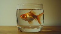 Orange goldfish swimming in clear glass bowl filled with water on wooden surface against neutral background for pet care and aquarium concepts.