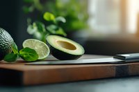 Fresh cut avocado half with lime slices on wooden cutting board against dark background, selective focus on foreground with natural lighting.