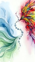 Abstract watercolor butterfly with flowing organic shapes in vibrant rainbow colors and soft blue-green elements on white background for creative projects.