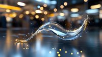 Dynamic flowing water splash with golden light particles and bokeh effects against dark background creates magical atmosphere for luxury product advertising.