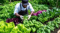 African American male farmer harvesting fresh organic lettuce in sustainable garden. Wearing protective gear while carefully selecting leafy greens among diverse crops.