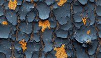 Weathered blue paint peeling off metal surface revealing orange rust underneath. Abstract texture background for industrial design projects.
