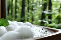 Foamy soap bubbles with green leaf in wooden bowl against blurred forest background, creating zen-like spa atmosphere with natural bokeh light effects.
