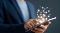 Professional holding digital tablet with glowing network of people icons floating above screen, representing social connectivity and digital networking technology.