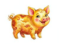 Cheerful golden pig with ornamental red and yellow floral patterns, smiling with rosy cheeks, isolated on white background for design projects and decorative use.