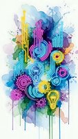 Colorful watercolor splash with neon circuit patterns, light bulbs and gears representing innovation, technology and creative thinking for business concepts.