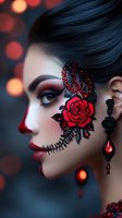 Young woman with dramatic red rose face art, black lace makeup, gothic jewelry and earrings in profile against dark background with red bokeh lights. Perfect for fantasy themes.