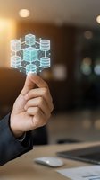 Business professional hand touching holographic database network icons representing cloud computing and data management technology in modern office environment.