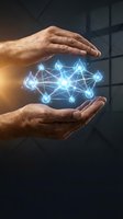 Male hands holding glowing blue network nodes connected by digital lines against dark background. Represents data management, cloud computing, technology innovation, and business connectivity solutions.