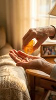 Senior adult pouring amber supplement capsules into palm at home. Wellness, healthcare, and daily vitamin routine for aging population and medical treatment.
