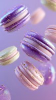 Flying purple and pink macarons with gold flakes on purple background. Delicate French pastries with cream filling in pastel colors for luxury dessert menu.