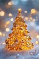 Glowing golden glass Christmas tree with ornaments and star topper against soft bokeh background, illuminated by warm lights creating magical holiday atmosphere.