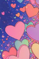 Colorful hearts in pink, mint and purple float against a starry night sky background, creating a dreamy romantic pattern for Valentine's Day designs and love themes.