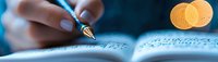 Person writing in notebook with fountain pen on blue background with bokeh light effect, panoramic composition for business, education and creativity concepts.