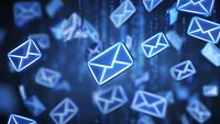 Glowing blue digital mail envelope icons floating on dark background with binary code pattern, representing electronic communication and messaging systems.