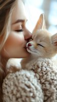 Young Caucasian woman with blonde hair gently kissing small ginger kitten wrapped in cozy knitted blanket. Tender moment capturing pure love between human and pet.