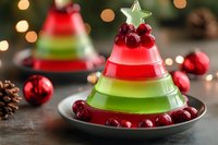 Festive layered gelatin dessert shaped like Christmas tree with cranberries and star topper on holiday table with warm bokeh lights and ornaments.