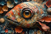 Surreal fish eye macro with cracked scales in orange and blue tones, artistic close-up showing detailed texture and intricate patterns in fantasy style.