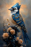 Ornate blue jay adorned with steampunk-inspired mechanical gears and golden accents perched among peach roses against moody sky background.
