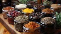 Aromatic spices and seasonings in glass jars on wooden board, including turmeric, paprika, peppercorns, dried herbs and chili powder arranged in rustic kitchen setting.