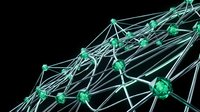 Abstract network visualization with glowing green nodes and connecting lines on black background for technology and data science presentations.