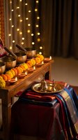 Traditional Diwali celebration setup with singing bowls, oil lamps, marigold flowers and warm bokeh lights creating festive spiritual atmosphere.