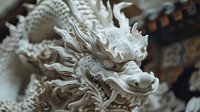 White porcelain dragon sculpture with intricate flowing details and fierce expression against dark background, traditional Asian art style mythological creature.