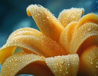 Macro photography of orange lily petals covered in morning dew drops against blurred teal background, creating dreamy natural floral art.