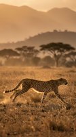 Cheetah walking through golden savanna grassland with acacia trees and mountains in warm sunset light, suitable for wildlife and nature editorial use.