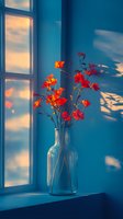 Red poppies in glass vase on windowsill at sunset, casting shadows on blue wall. Soft natural lighting creates dreamy atmospheric mood for home decor and lifestyle design.