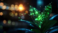 Glowing green digital leaf with circuit pattern and bokeh lights in dark background creates futuristic nature technology concept for environmental innovation.